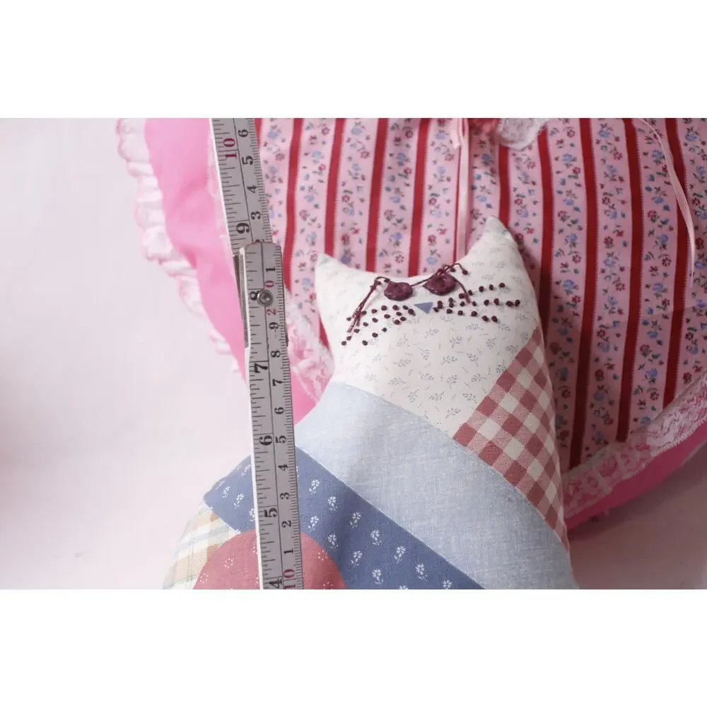 1980s Cute Vintage Hand Sewn Cat and Pink Heart Throw Pillow Lot